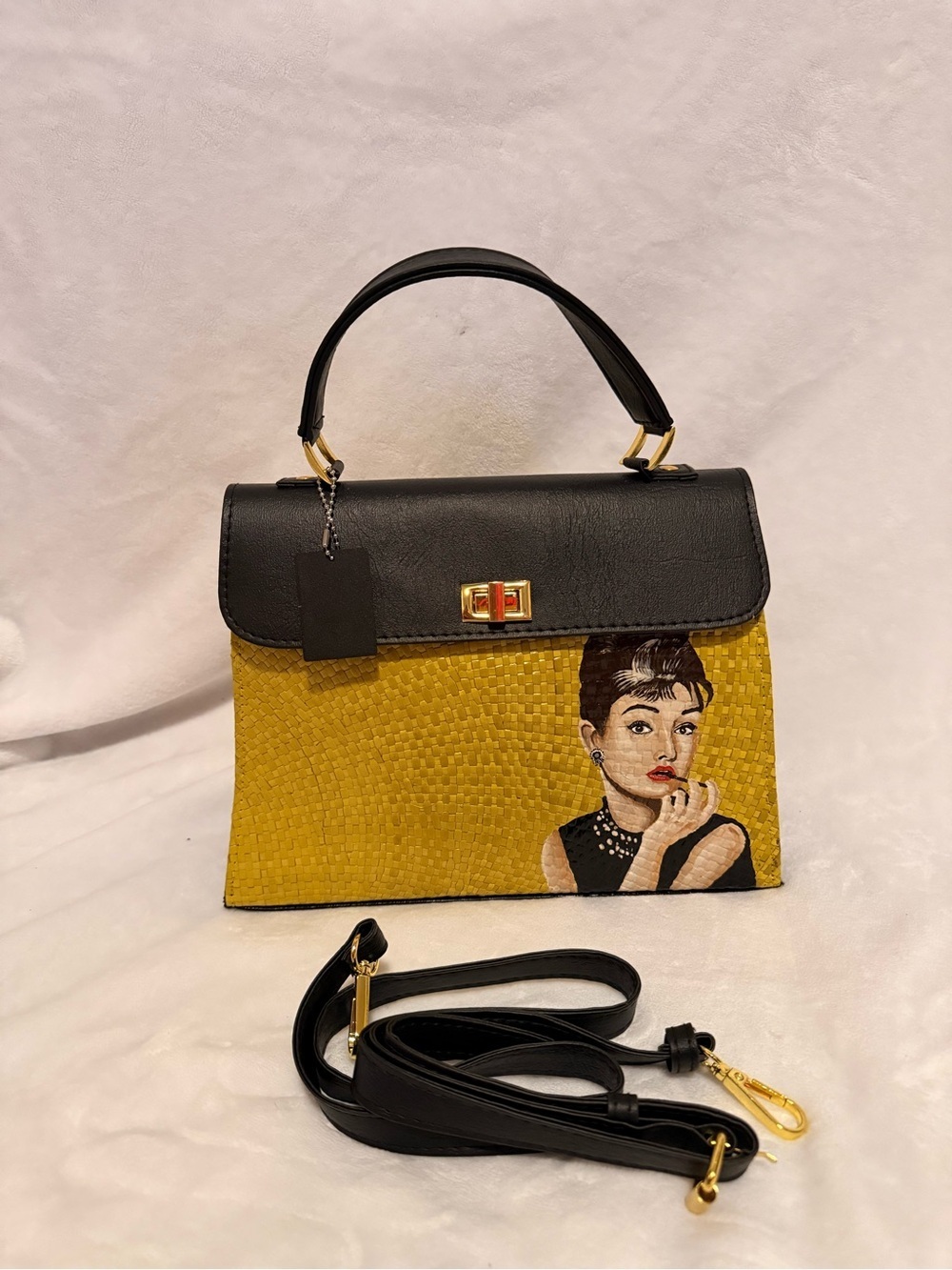 Yellow and Black Top-Handle Women's Bag with Portrait Detail